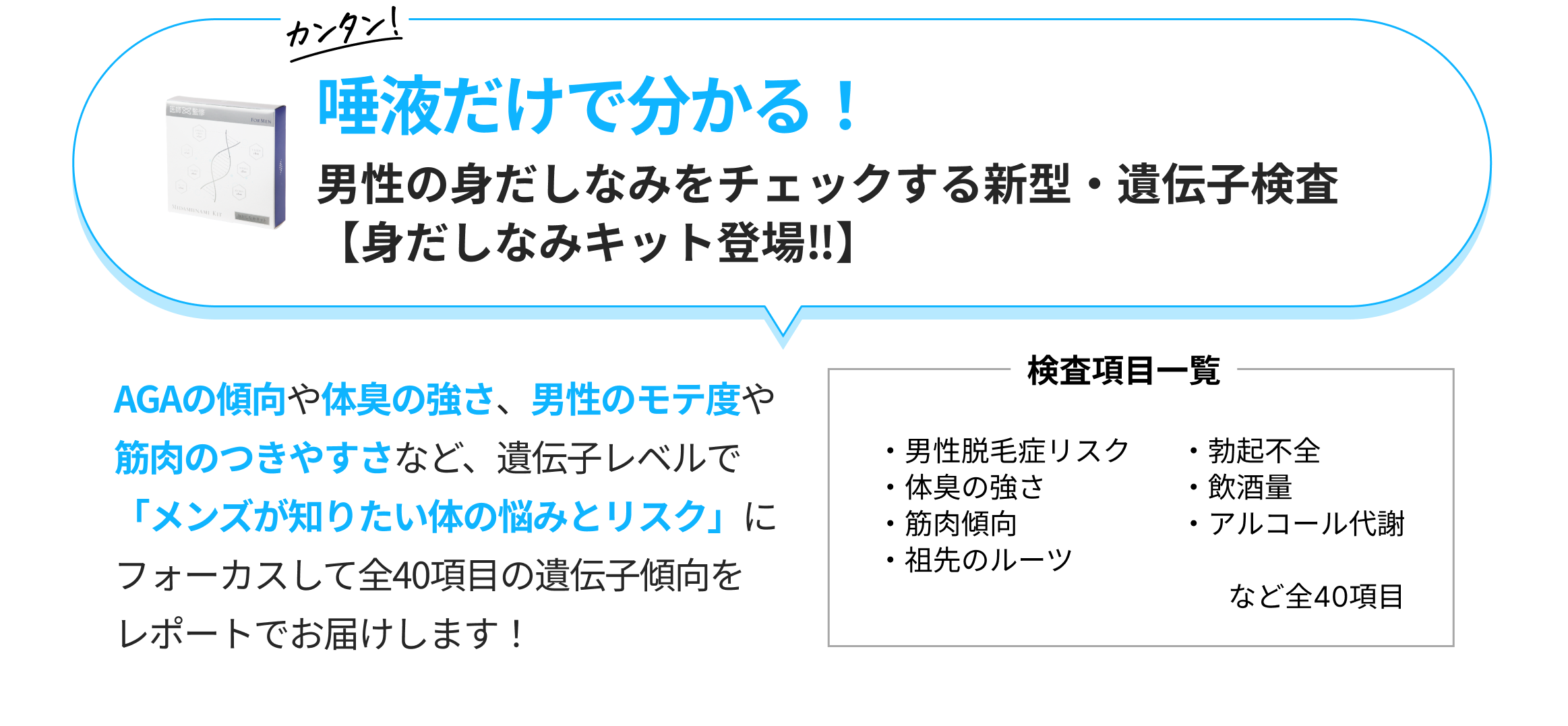 男性の悩みに特化した遺伝子キット 【身だしなみ検査】